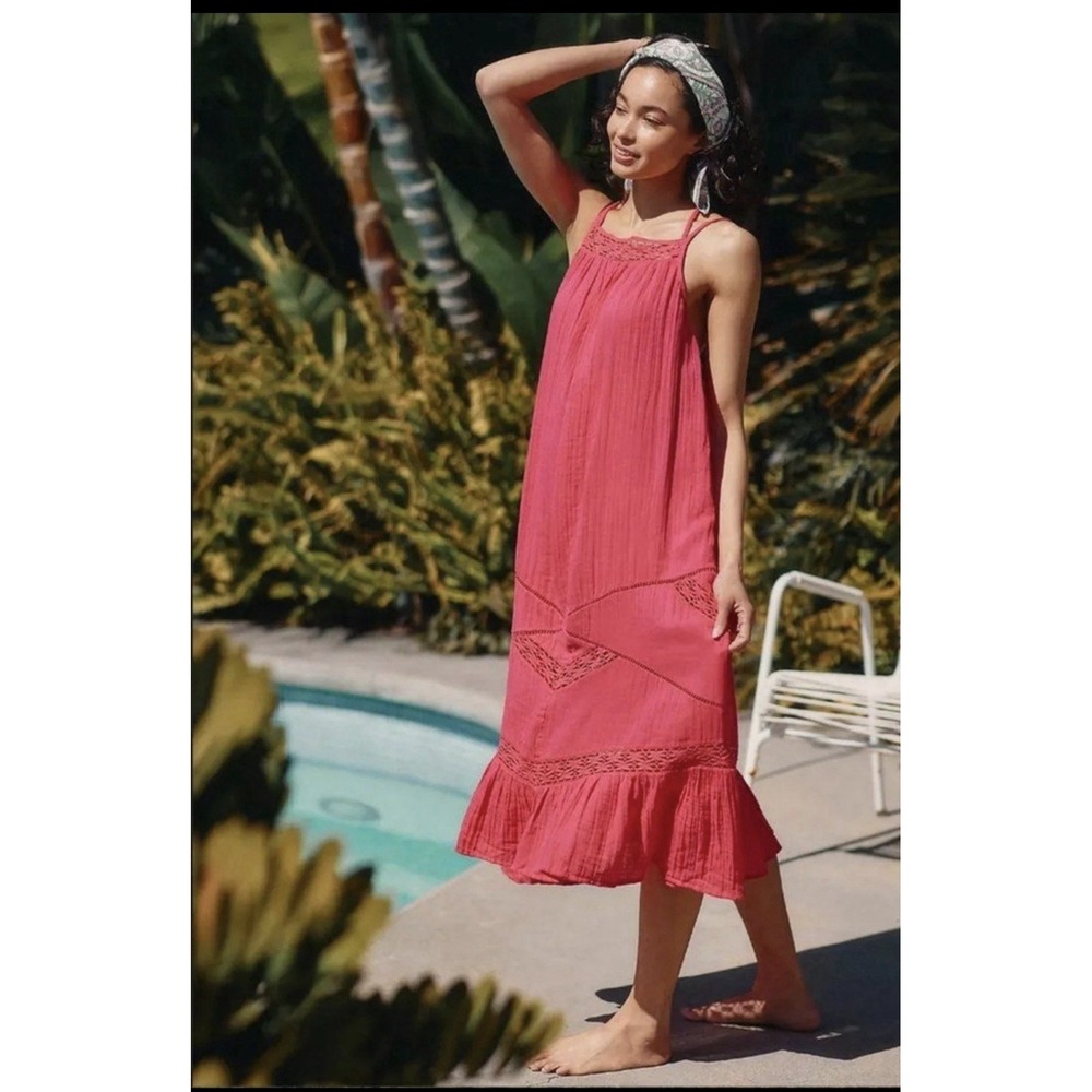 Anthropologie Hot Pink Crochet Gauze Cotton Midi Maxi Dress Boho M Cottage